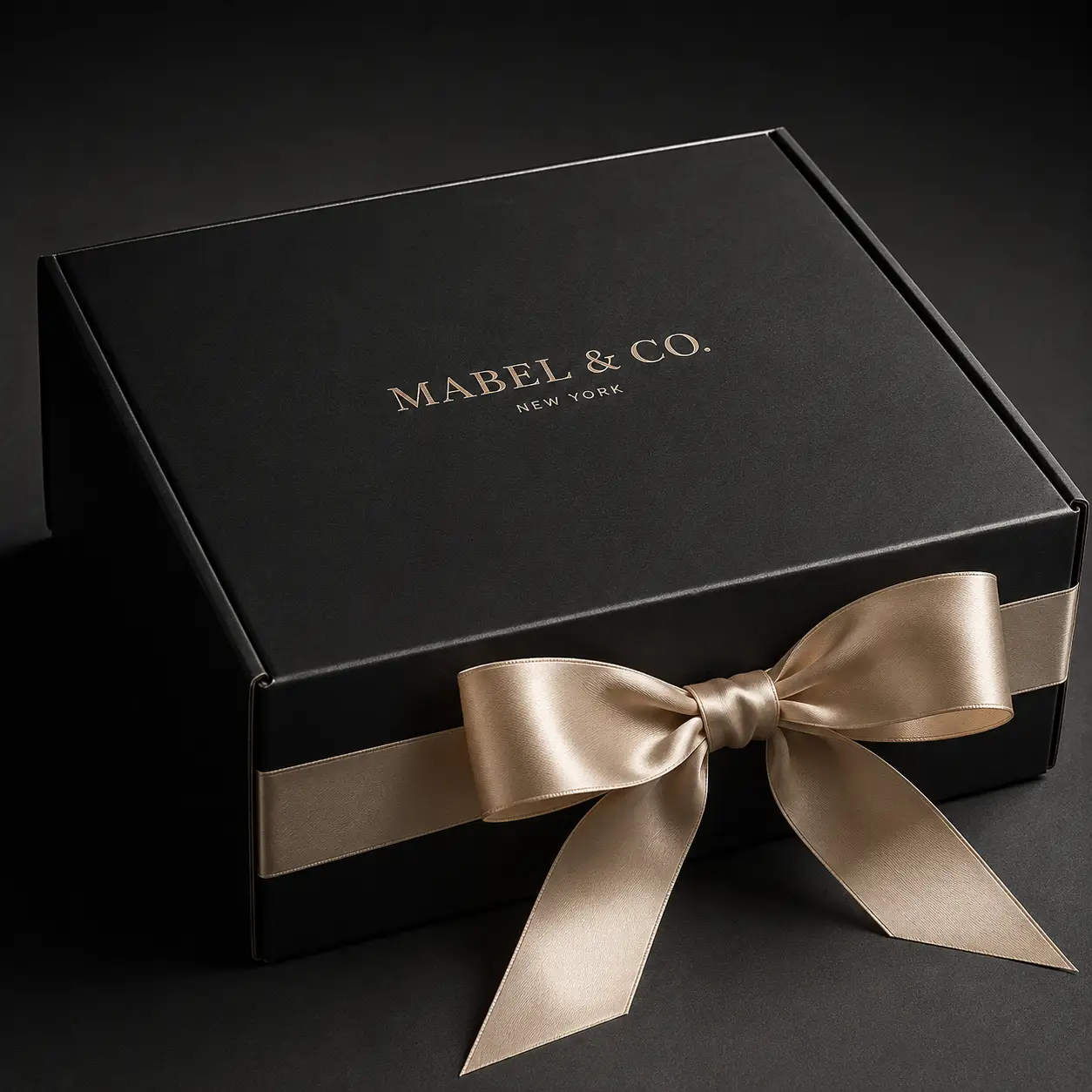 Luxury black gift box with gold foil Mabel & Co. New York logo tied with elegant champagne satin ribbon bow