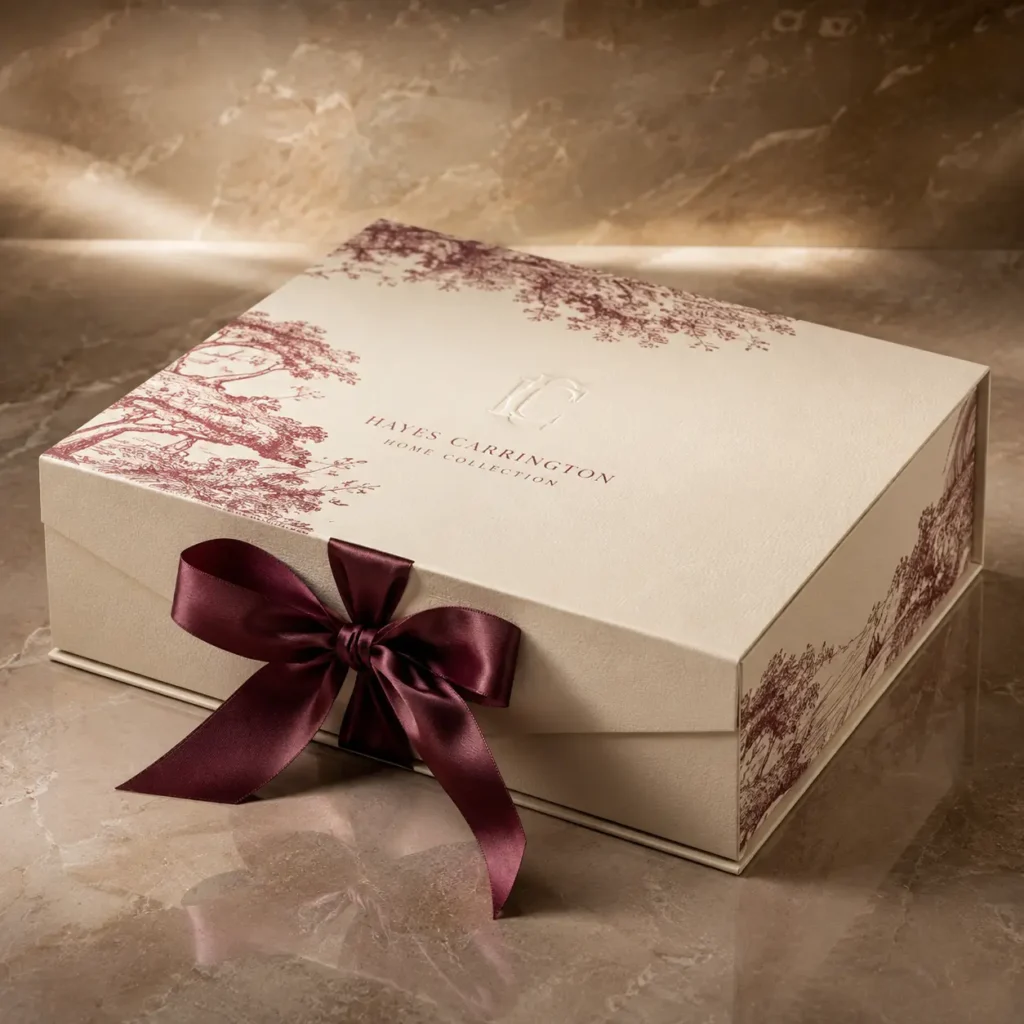 Luxury cream gift box with burgundy toile print, satin ribbon bow, Hayes Carrington Home Collection branding, marble surface