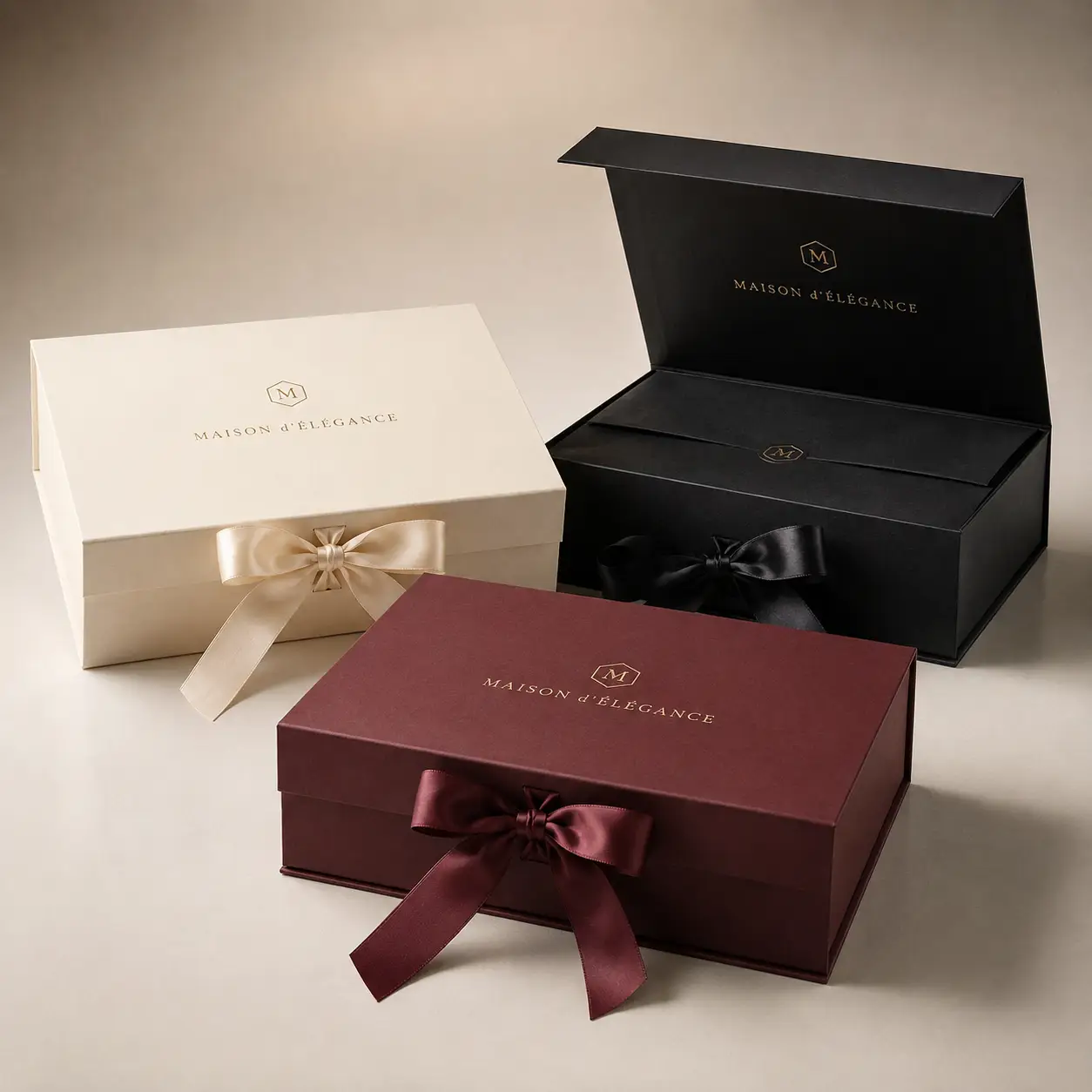 Three luxury gift boxes in cream, black, and burgundy with satin ribbon bows, Maison d'Élégance branding, premium rigid packaging