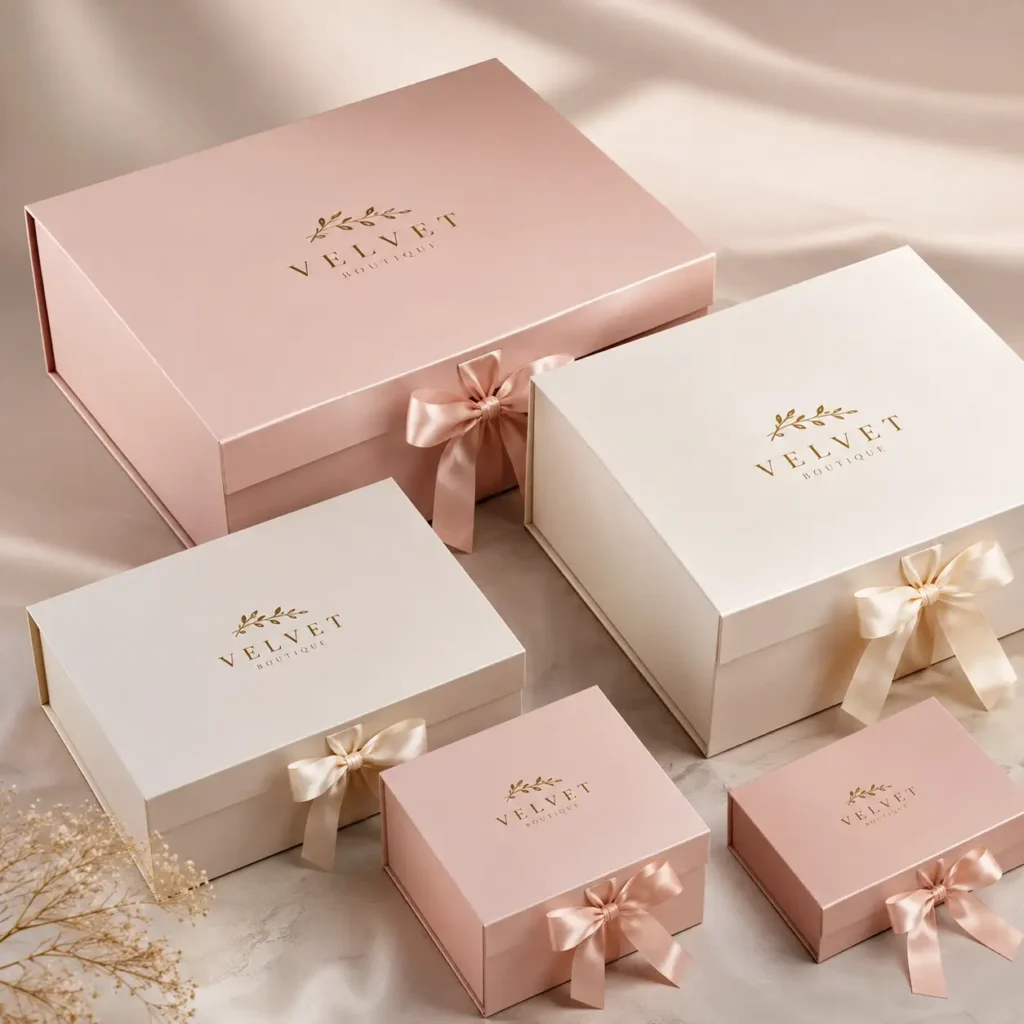 Luxury gift boxes in blush pink and ivory with gold Velvet Boutique logo and satin ribbon bows, elegant packaging design