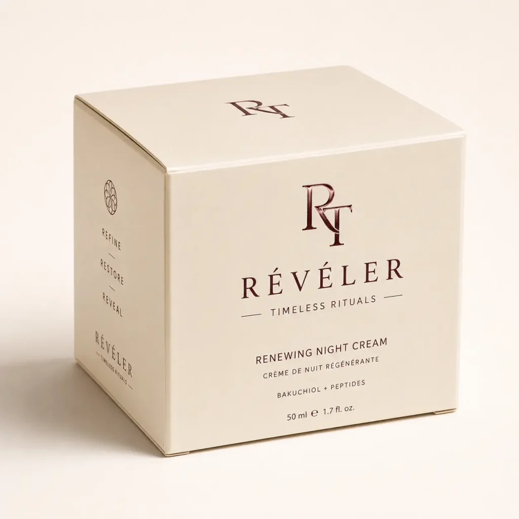 Révéler Timeless Rituals luxury night cream box, cream beige packaging with rose gold typography, bakuchiol peptides, 50ml