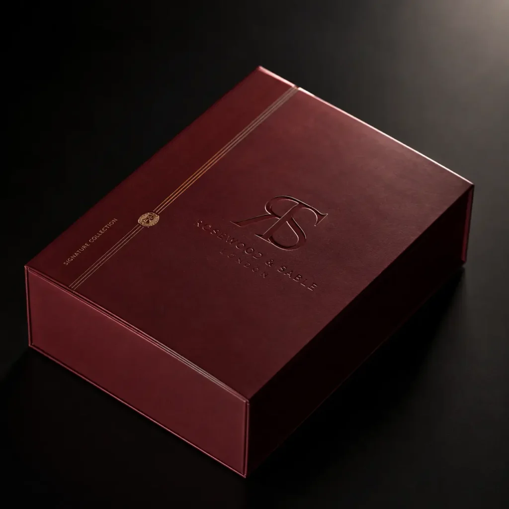 Luxury deep burgundy rigid gift box with gold embossed Rosewood & Sable London logo, Signature Collection, premium packaging design