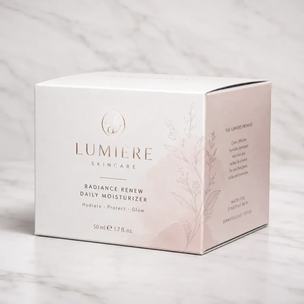 Lumière Skincare Radiance Renew Daily Moisturizer 50ml white luxury product box with blush pink floral design on marble background