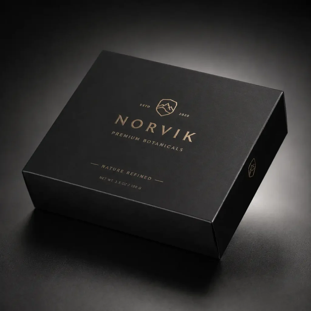 Luxury black matte gift box with gold foil Norvik Premium Botanicals logo, elegant premium packaging design, dark minimalist branding