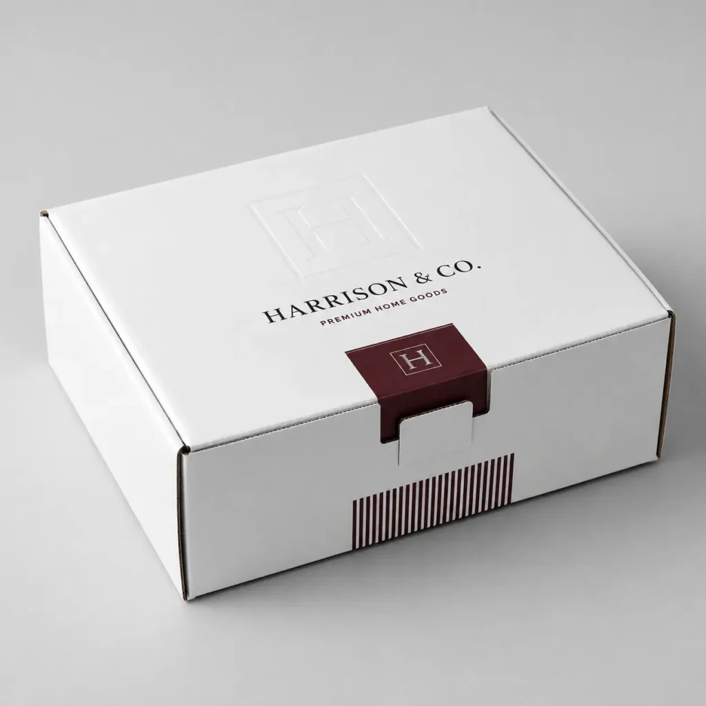 White Harrison & Co. Premium Home Goods mailer box with embossed H logo, burgundy seal, and stripe detail on gray background