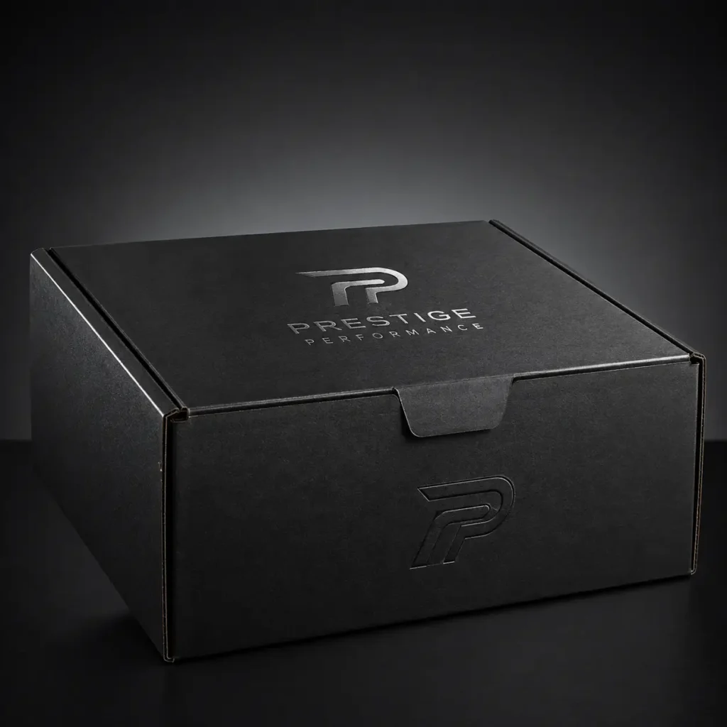 Matte black custom branded mailer box with silver foil Prestige Performance logo, luxury packaging design on dark background