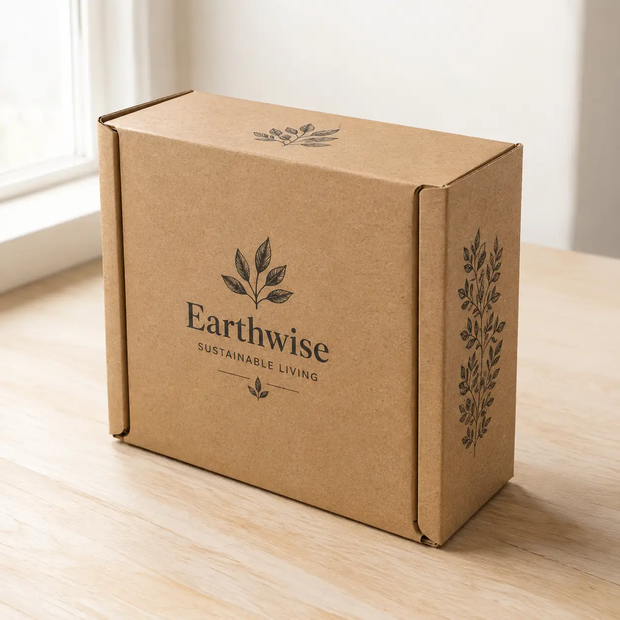 Kraft brown corrugated mailer box with Earthwise Sustainable Living logo and botanical leaf prints on wooden surface