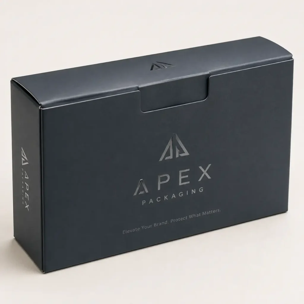 Dark navy custom rigid packaging box with silver foil Apex logo, matte finish, premium unboxing experience by The Packaging Masters