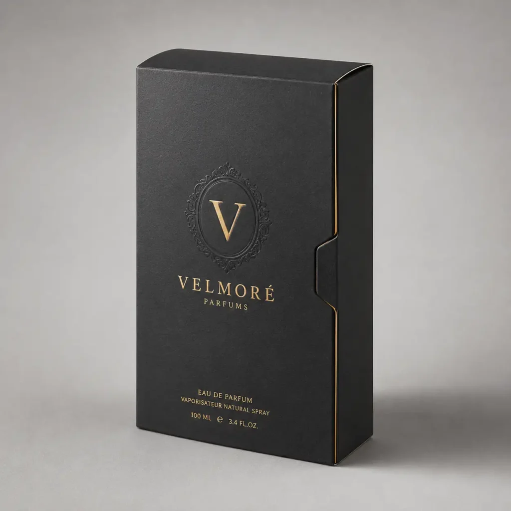 Luxury black perfume box packaging with gold foil Velmoré Parfums logo, 100ml Eau de Parfum, elegant matte finish
