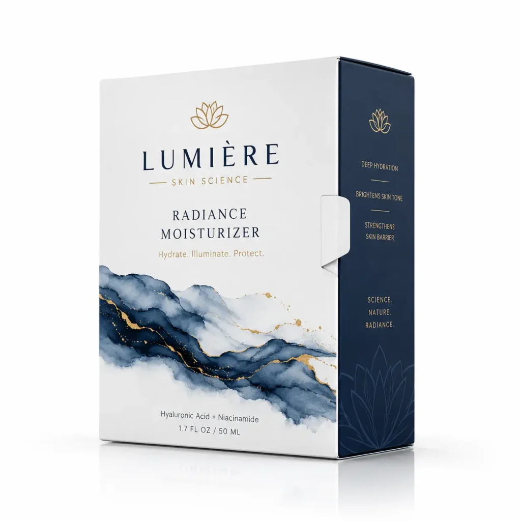 Lumière Skin Science Radiance Moisturizer luxury white navy gold skincare box packaging design with watercolor wave artwork 50ml