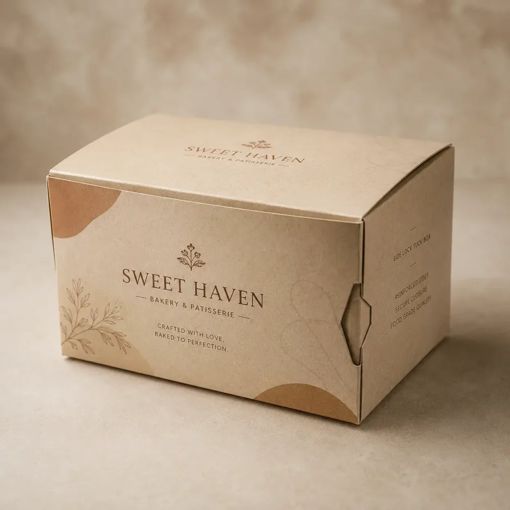 Kraft cardboard bakery box with Sweet Haven Patisserie branding, warm brown botanical design, side-lock tuck closure, food-grade packaging
