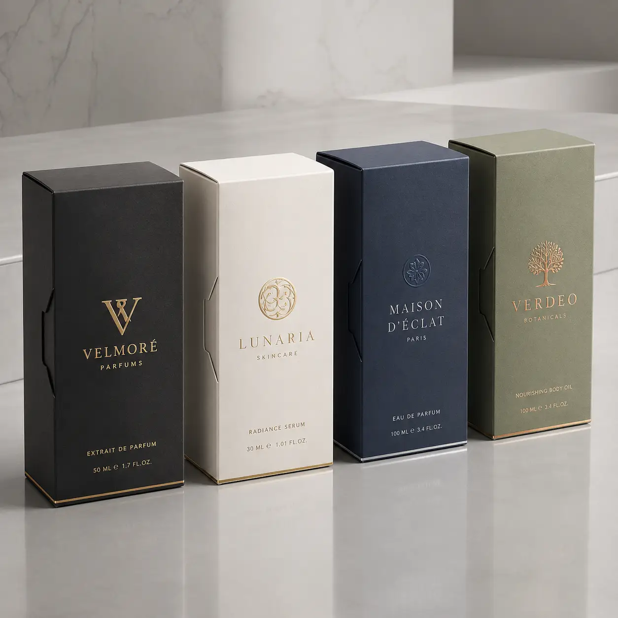 Four luxury cosmetic boxes in black, cream, navy, and sage green displayed on marble surface featuring premium perfume and skincare packaging