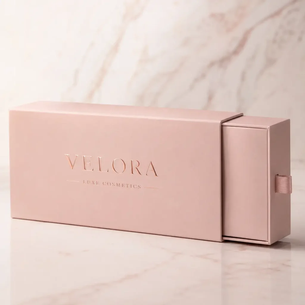 Velora Luxe Cosmetics blush pink slide drawer luxury cosmetic gift box with rose gold foil branding on marble surface