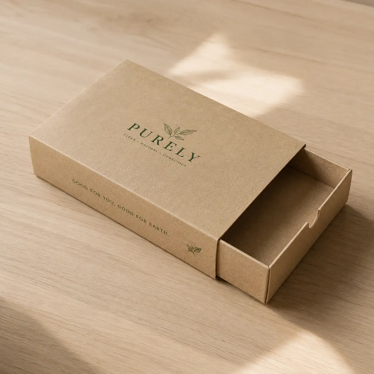 Kraft brown sliding drawer box with green Purely brand logo on wooden surface, eco-friendly sustainable packaging design