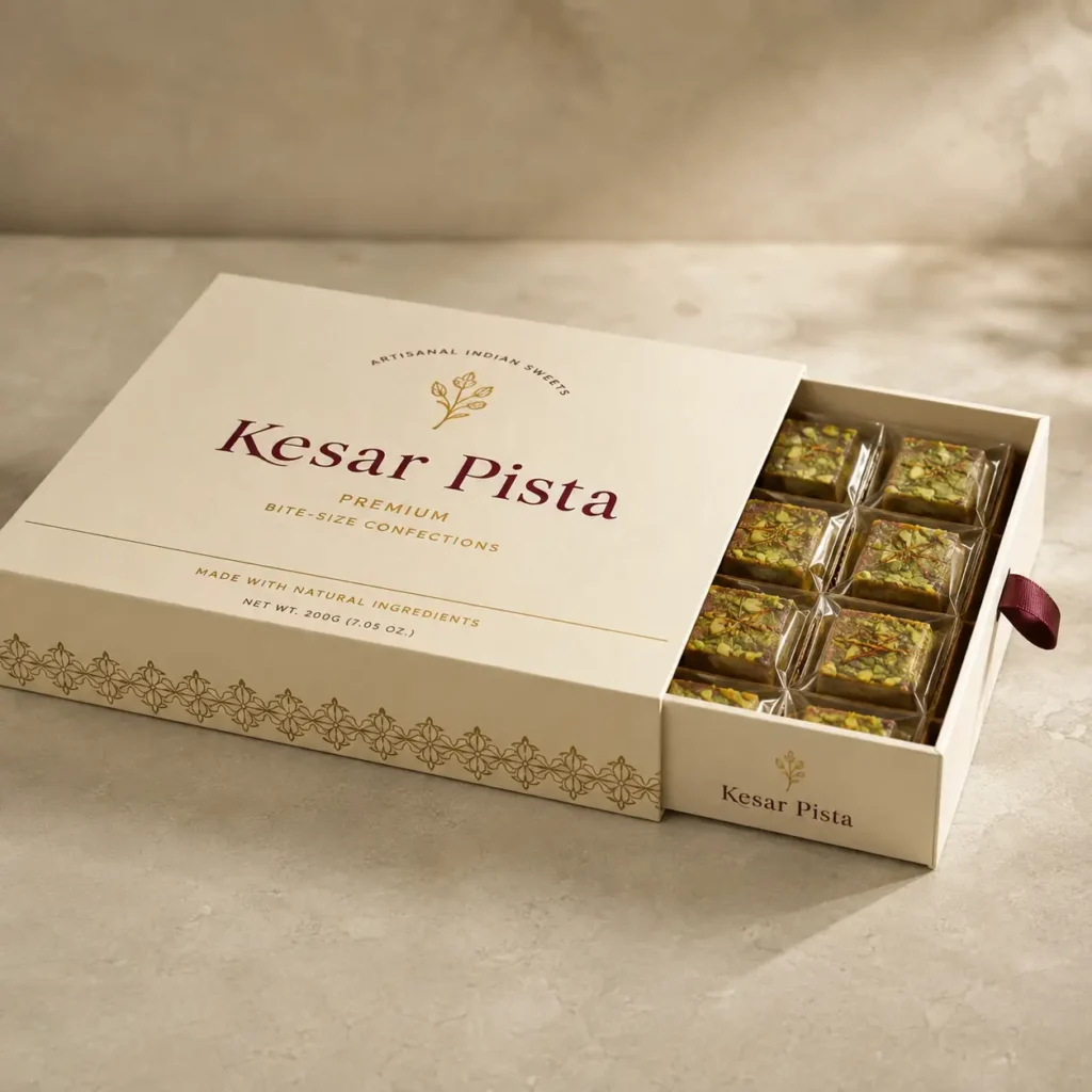 Premium Kesar Pista Indian sweet gift box packaging, cream luxury drawer design with gold floral pattern, pistachio confections inside