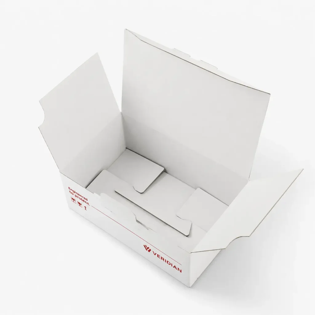 White open corrugated shipping box with red Veridian branding and inner cardboard insert, engineered to protect products