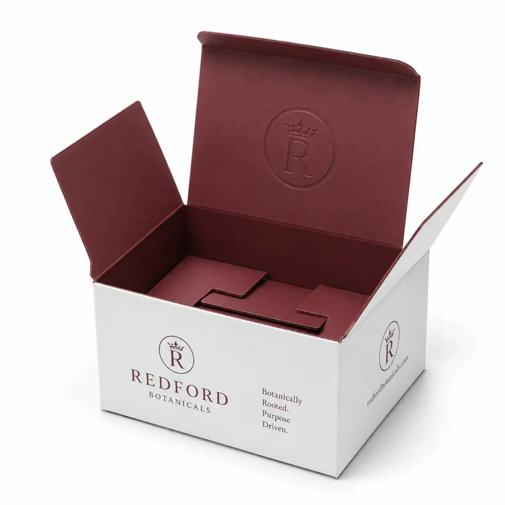 Open white and burgundy Redford Botanicals custom luxury mailer box with embossed logo interior, premium branded packaging design