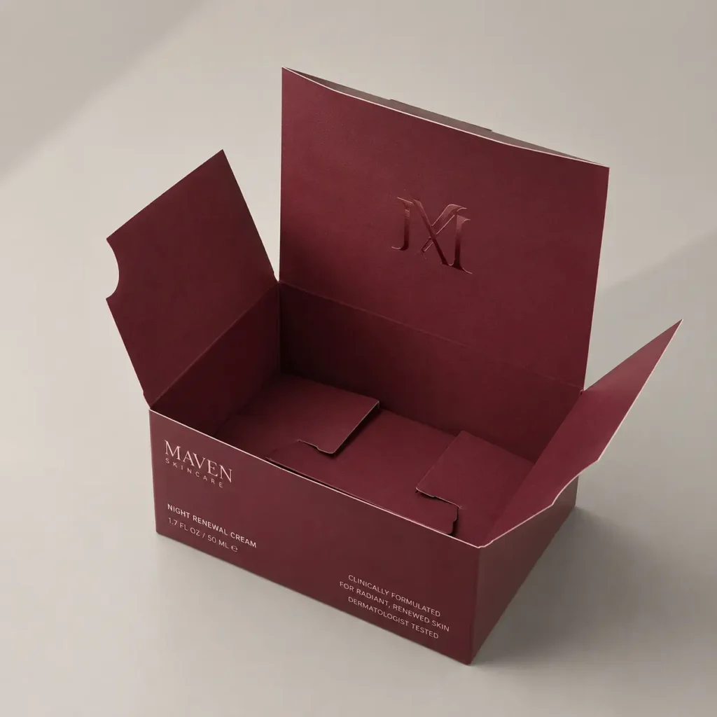Luxury burgundy Maven Skincare Night Renewal Cream custom cosmetic box packaging with embossed logo, open display
