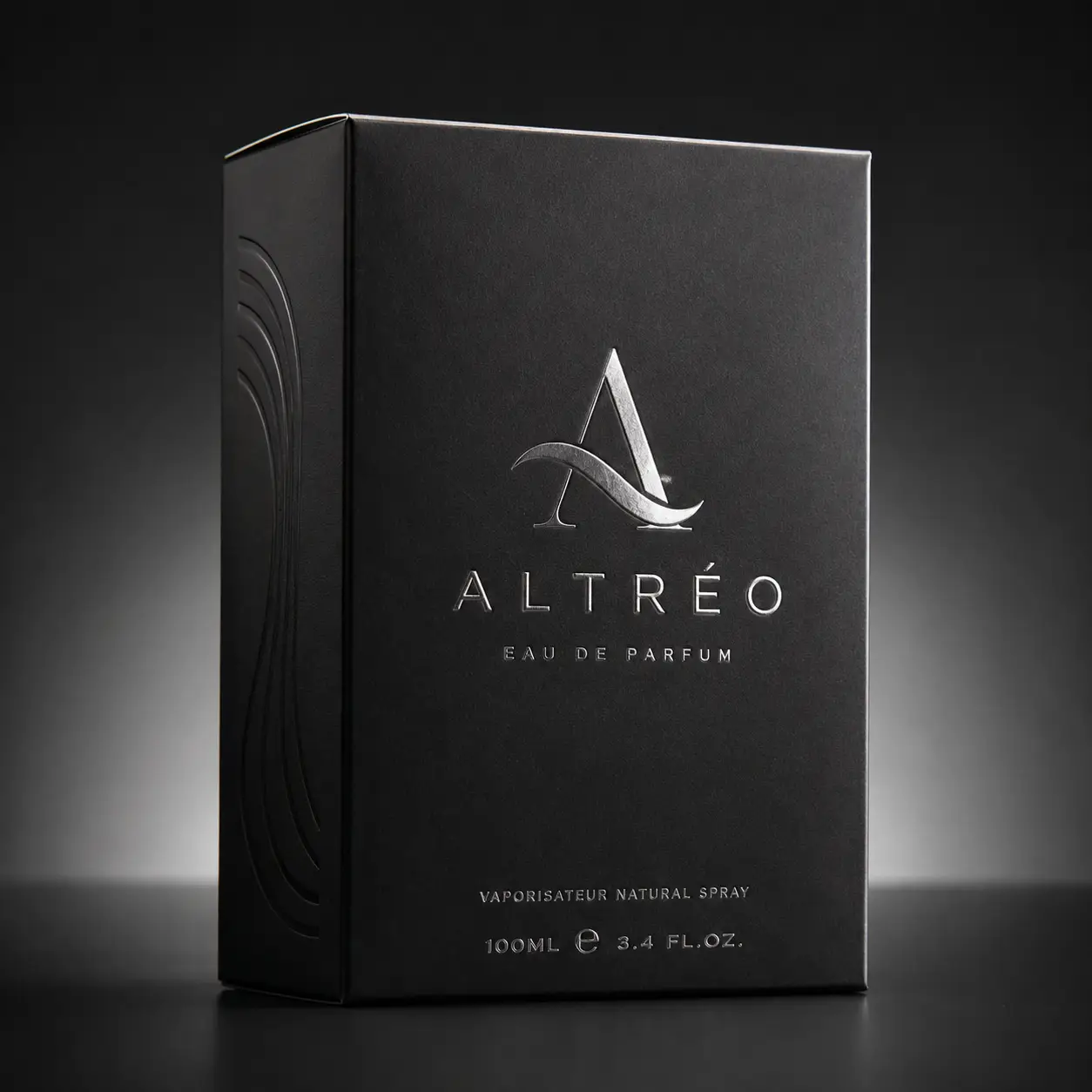 Altréo Eau de Parfum 100ml luxury black perfume box with silver embossed logo, elegant matte packaging design on dark background