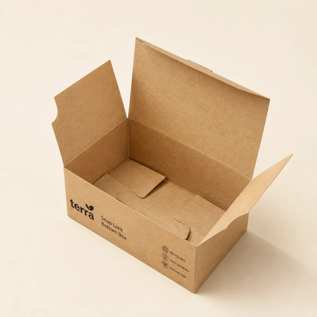 Open kraft brown Terra snap lock bottom box, recyclable FSC certified plastic-free eco packaging solution for sustainable shipping