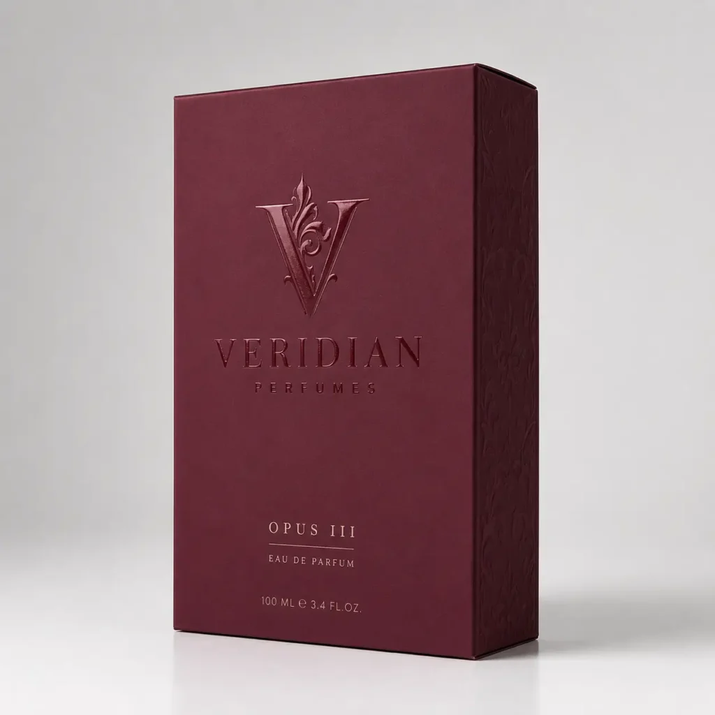 Deep burgundy luxury perfume box, Veridian Perfumes Opus III Eau de Parfum 100ml, embossed logo, elegant packaging design