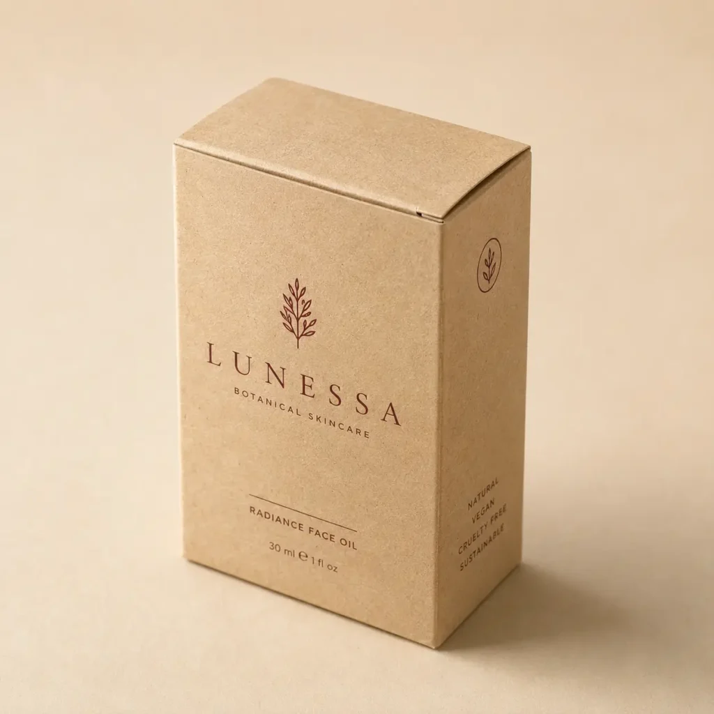 Lunessa Botanical Skincare kraft brown cardboard box packaging for Radiance Face Oil 30ml, natural vegan cruelty-free sustainable beauty