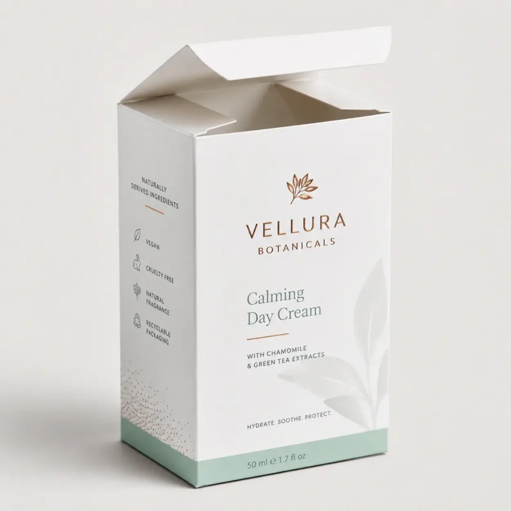 Vellura Botanicals Calming Day Cream white luxury skincare box with sage green base, rose gold foil branding, chamomile extract packaging