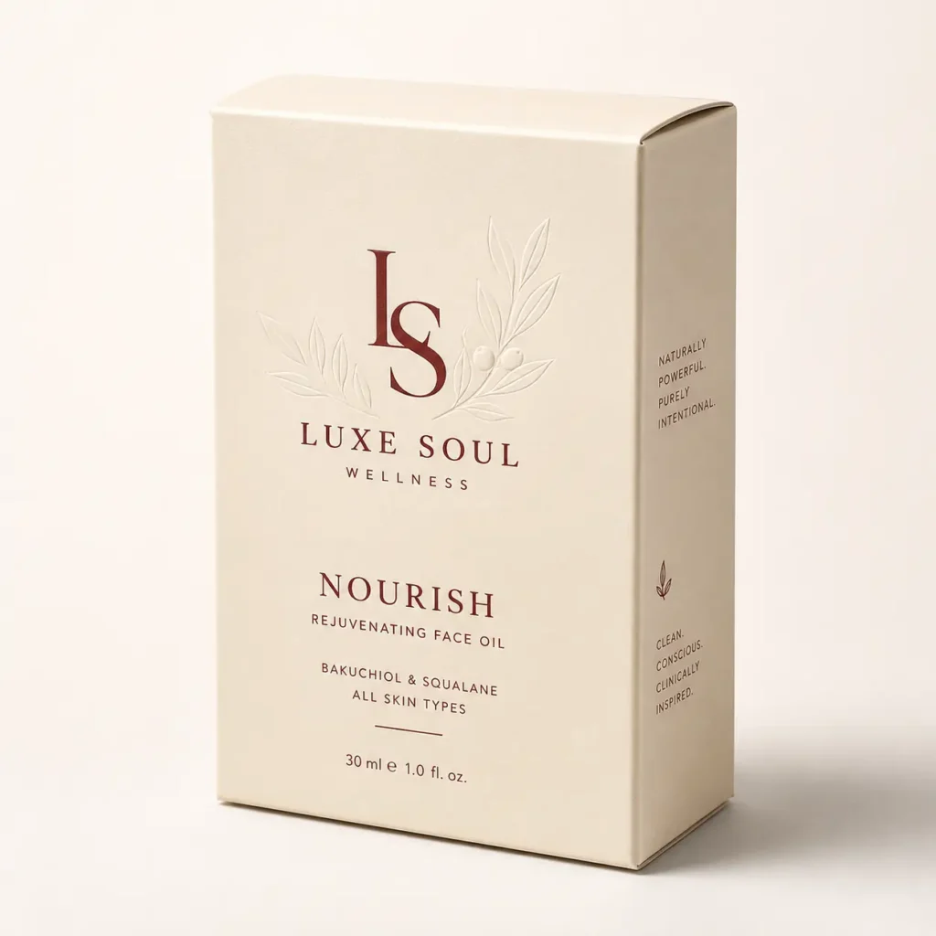 Luxe Soul Wellness Nourish Rejuvenating Face Oil cream luxury skincare box packaging with embossed botanical design, 30ml