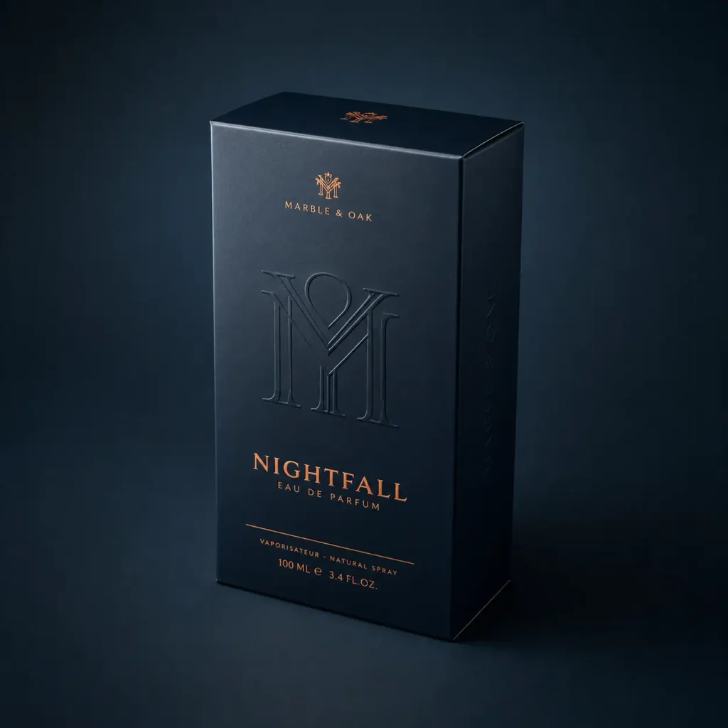 Marble & Oak Nightfall luxury eau de parfum 100ml navy blue box with rose gold embossed monogram logo packaging design