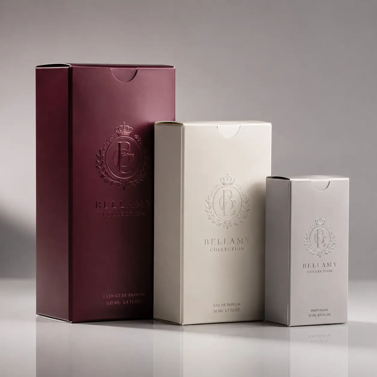 Bellamy Collection luxury perfume packaging boxes in burgundy and ivory, Extrait de Parfum 100ml, Eau de Parfum 50ml, Parfum Oil 15ml