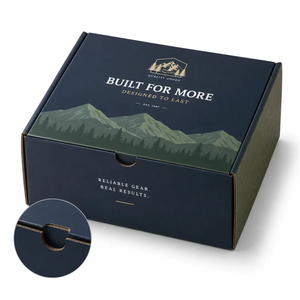 Navy blue custom corrugated mailer box with mountain forest print, gold Built For More text, premium outdoor brand packaging design