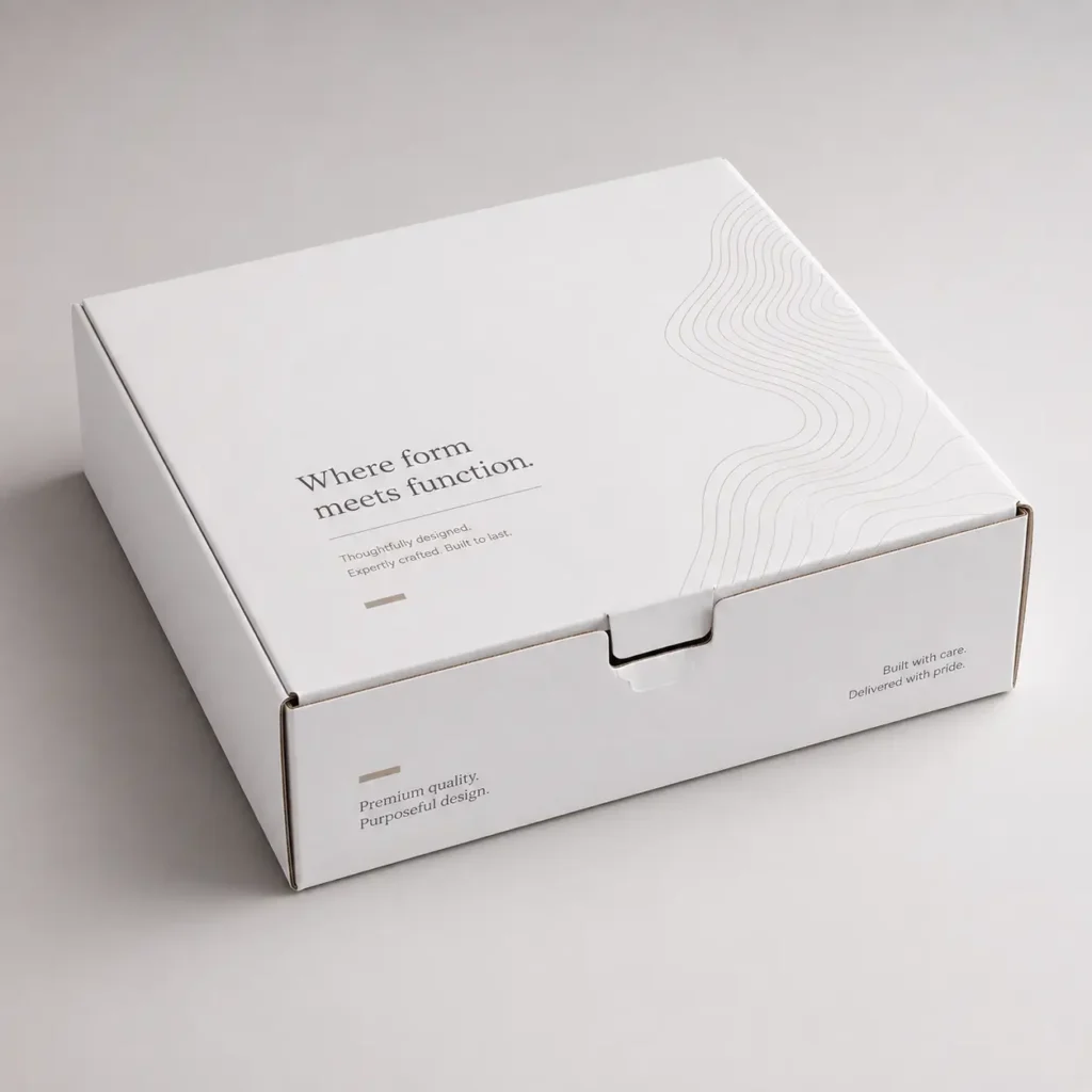 White custom mailer box with elegant wave design and premium branding text, minimalist packaging solution by The Packaging Masters