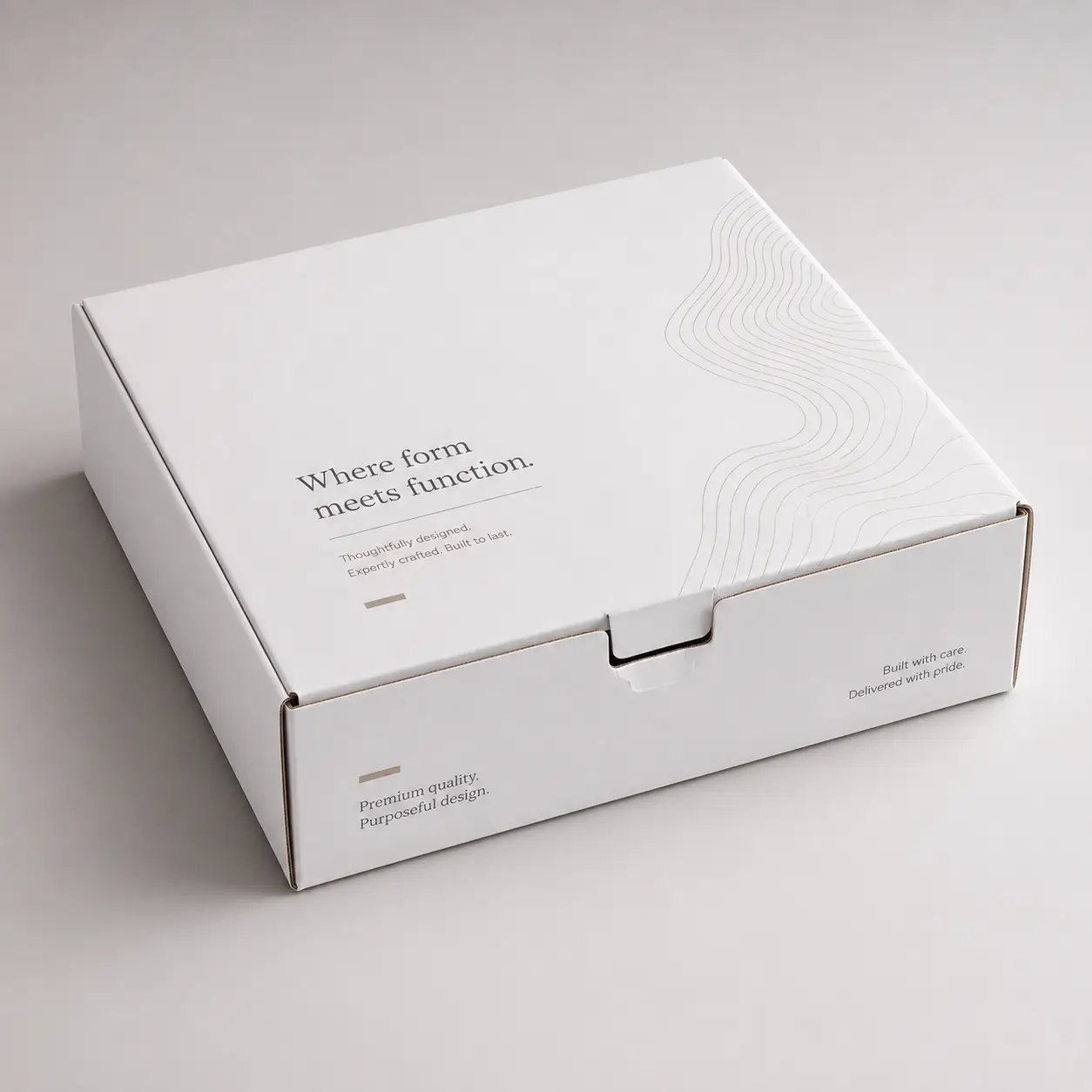 White custom mailer box with elegant wave design and premium branding text, minimalist packaging solution by The Packaging Masters