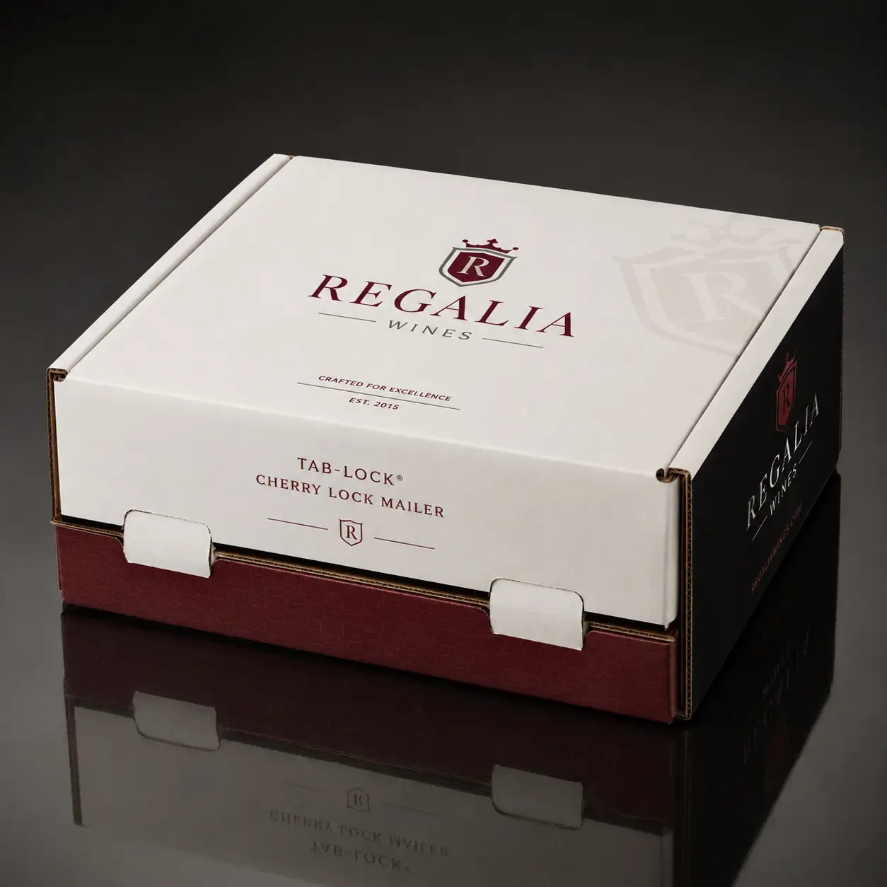 Regalia Wines white and burgundy Tab-Lock Cherry Lock Mailer box, premium custom wine shipping packaging with royal crest logo