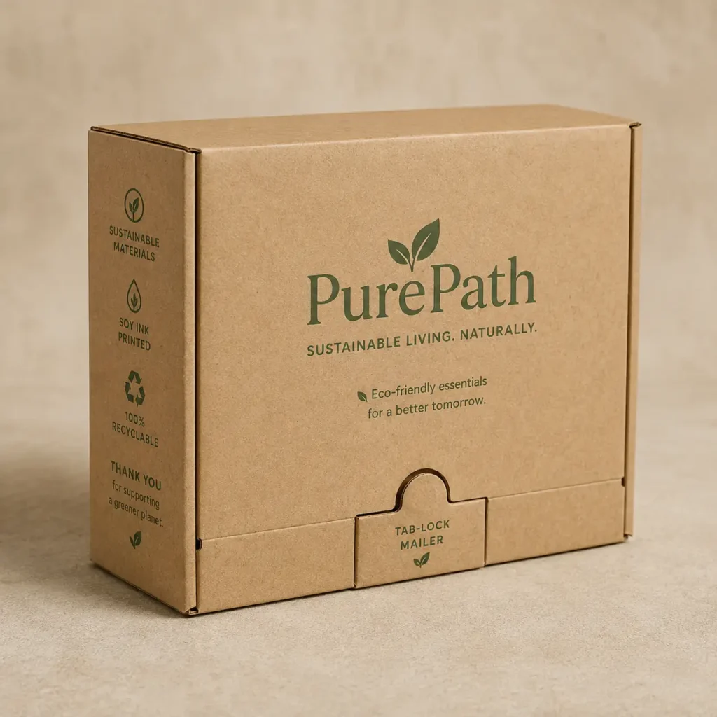 Kraft brown PurePath eco-friendly tab-lock mailer box with green sustainable packaging print on neutral background