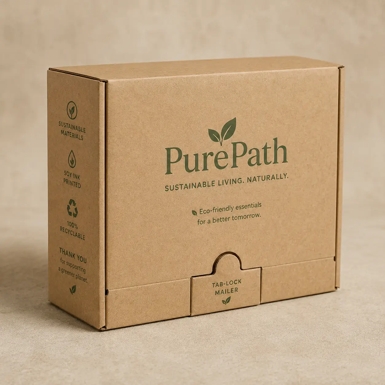 Kraft brown PurePath eco-friendly tab-lock mailer box with green sustainable packaging print on neutral background