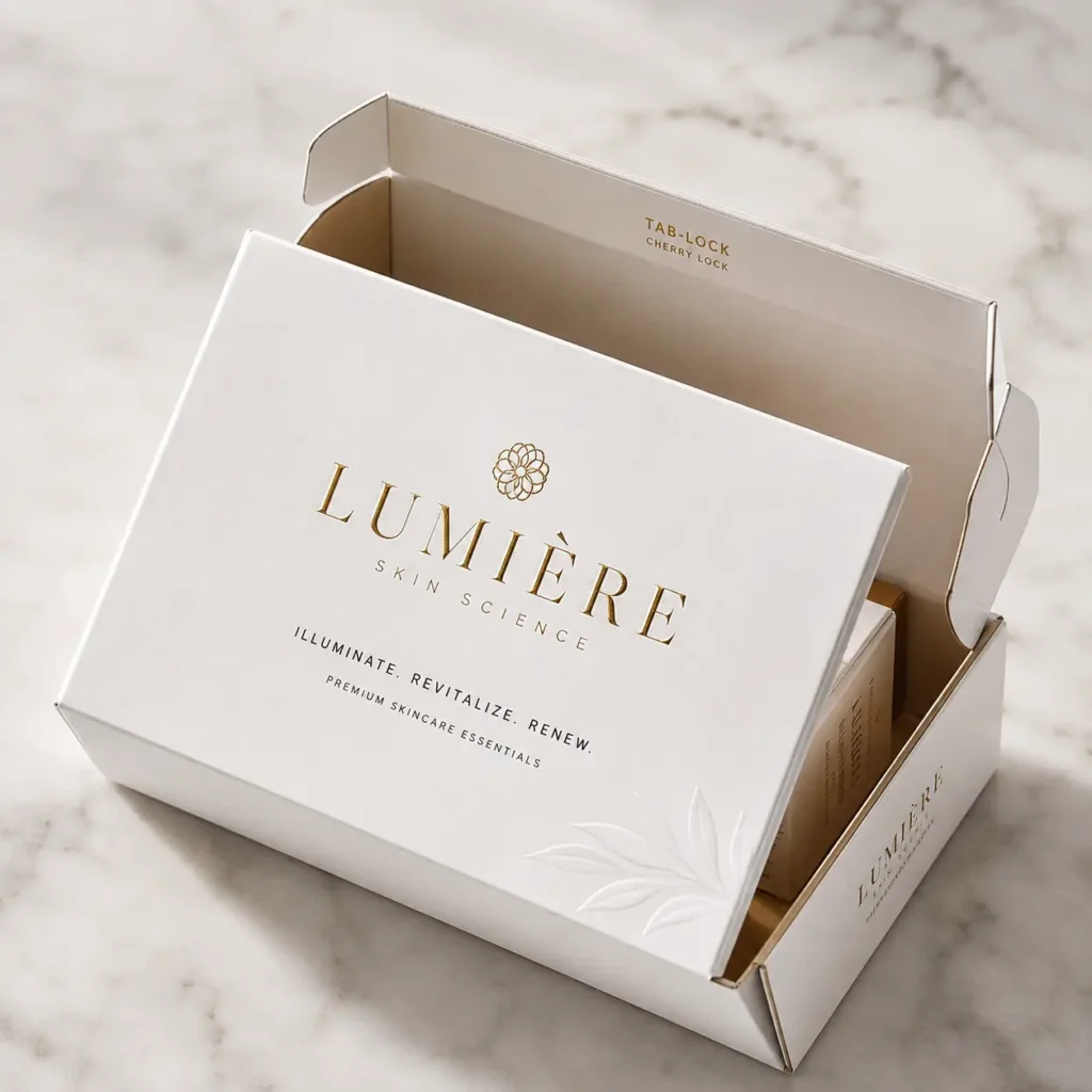 Luxury white gold foil Lumière Skin Science custom skincare gift box packaging on marble surface, tab-lock mailer design