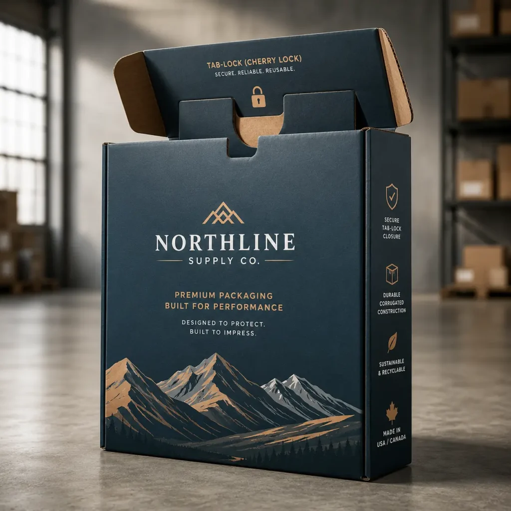 Dark navy corrugated mailer box with gold mountain print, tab-lock closure, Northline Supply Co. branding, warehouse background