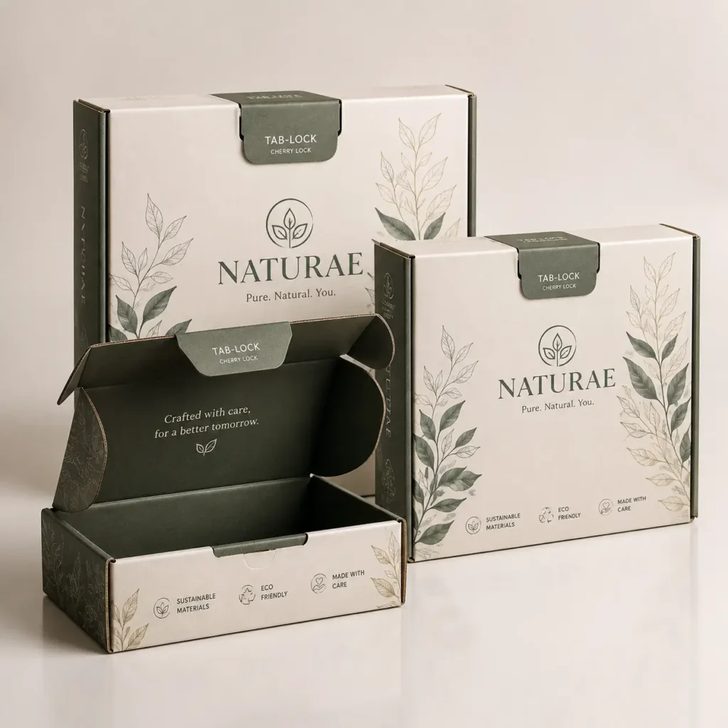 Naturae eco-friendly kraft mailer boxes with sage green tab-lock closure, botanical leaf design, sustainable packaging set