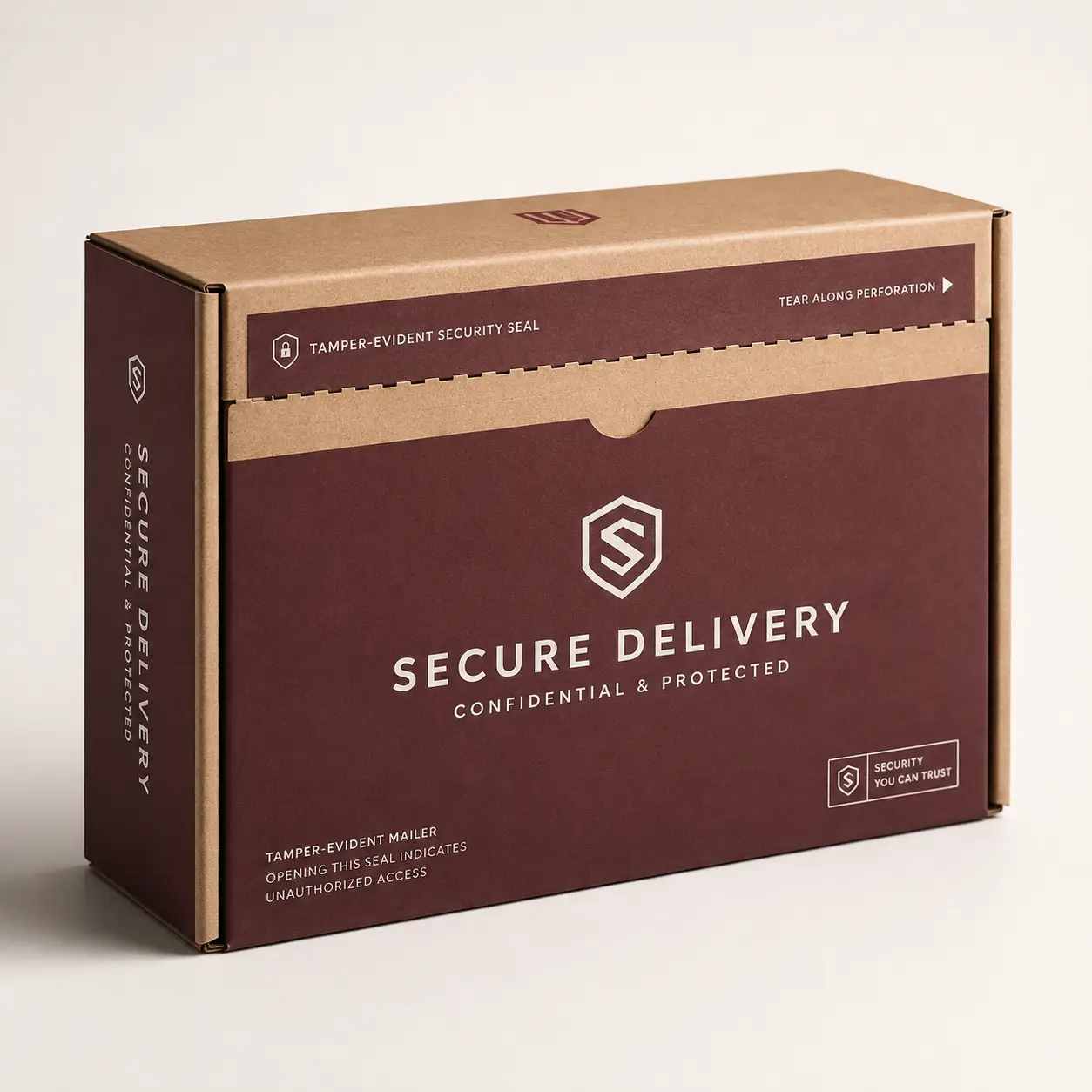 Kraft cardboard secure delivery tamper-evident mailer box with dark burgundy branding, perforation seal, confidential packaging design