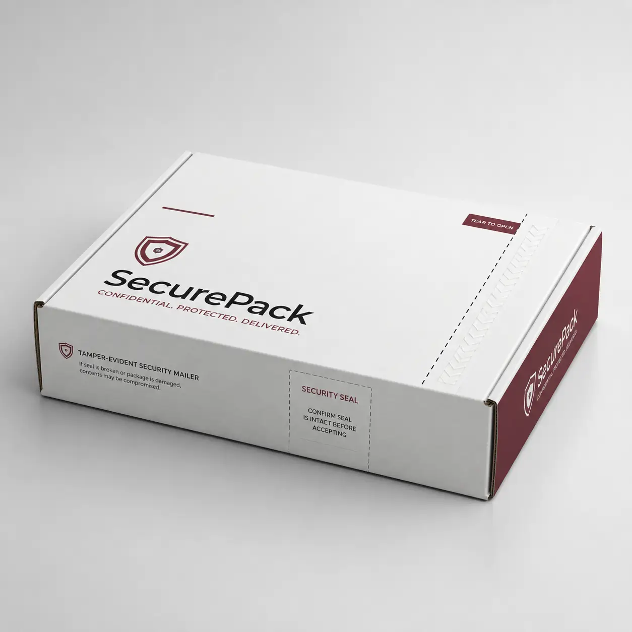 White SecurePack tamper-evident security mailer box with maroon branding, tear-to-open strip, and confidential shipping design