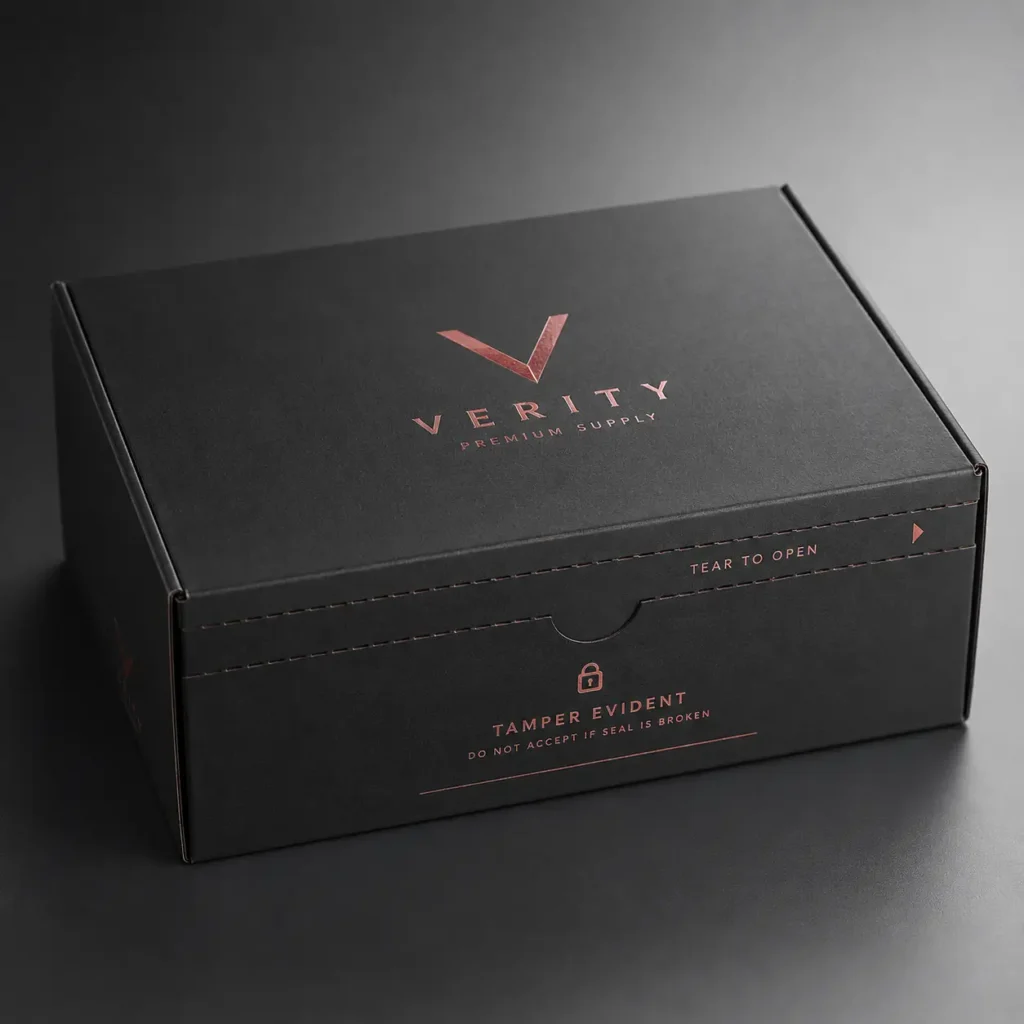 Black luxury mailer box with rose gold foil Verity Premium Supply logo, tamper evident seal, premium custom packaging design