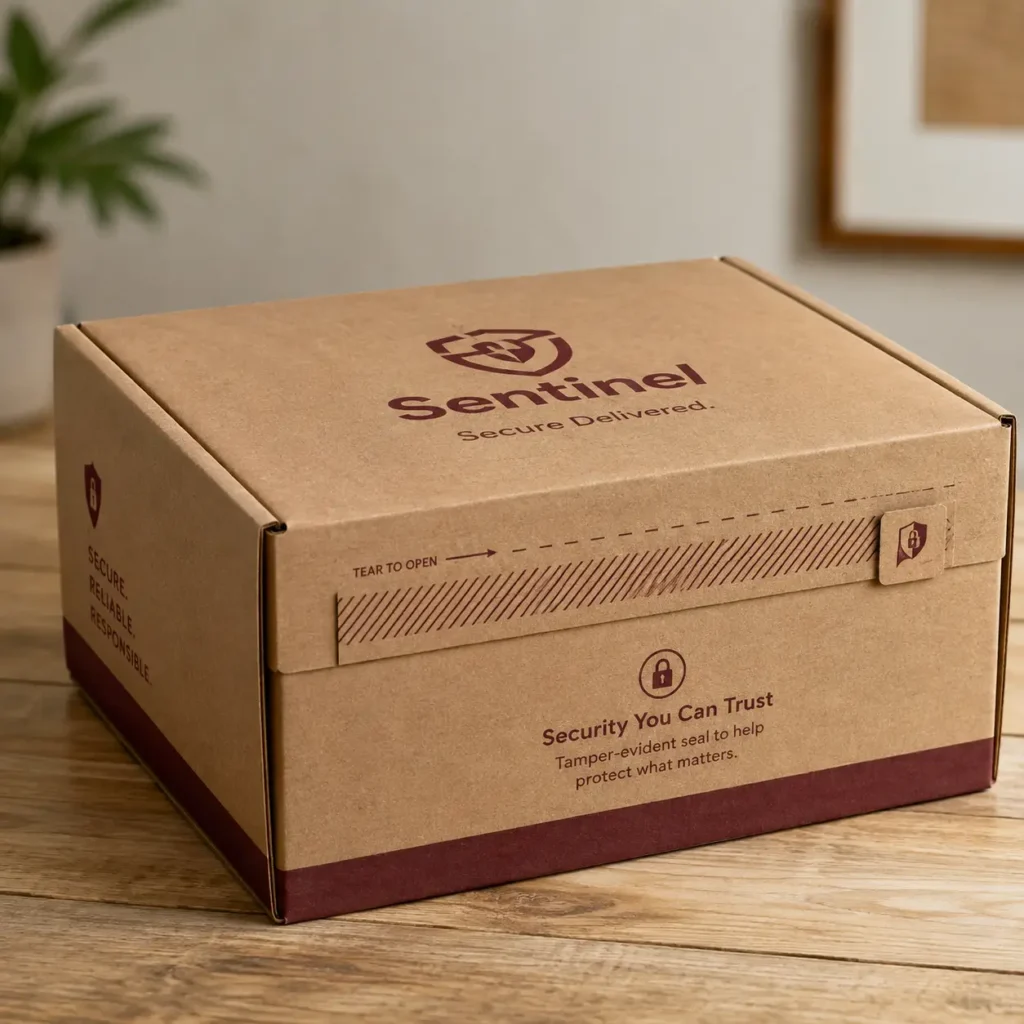 Kraft brown Sentinel branded shipping box with tamper-evident seal and burgundy accents on wooden table, secure custom packaging