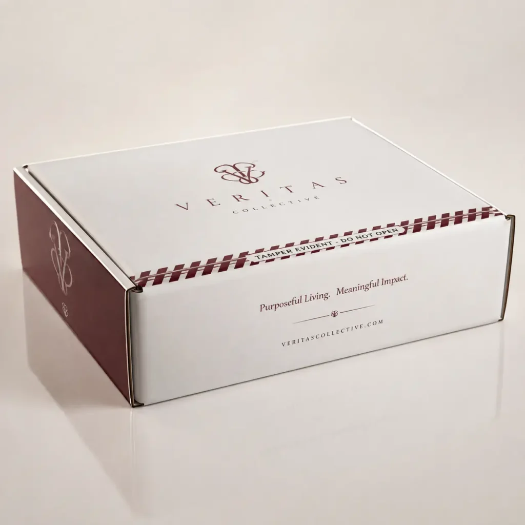 White Veritas Collective branded mailer box with burgundy logo, tamper-evident seal, and Purposeful Living tagline on glossy surface