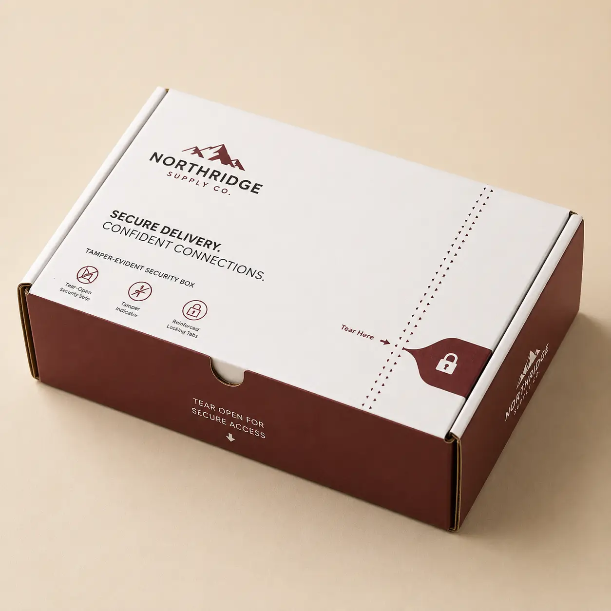 White and dark red Northridge Supply Co tamper-evident corrugated mailer box with tear-open security strip on beige background