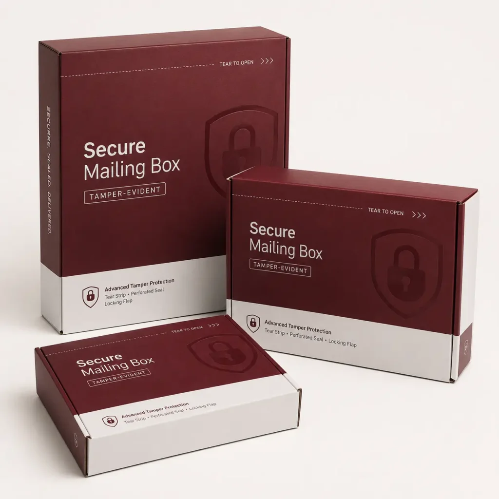 Three dark red tamper-evident secure mailing boxes in different sizes with white base and lock shield logo