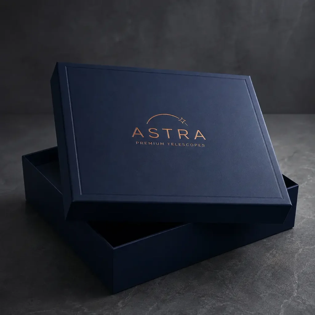 Navy blue luxury rigid box with rose gold foil Astra Premium Telescopes logo, lid leaning open, dark moody product packaging