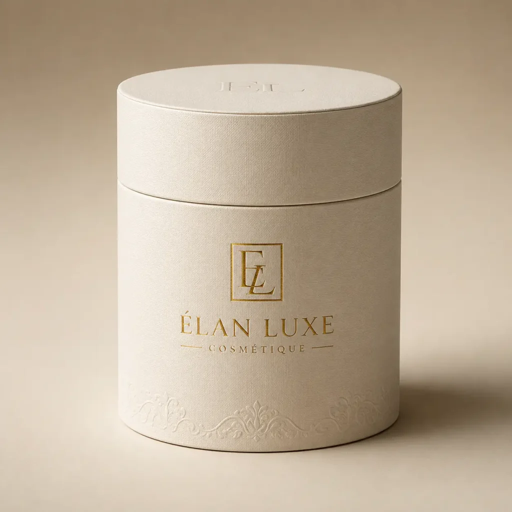 Élan Luxe Cosmétique luxury cream cylindrical gift box with gold foil logo embossed white linen texture premium cosmetic packaging