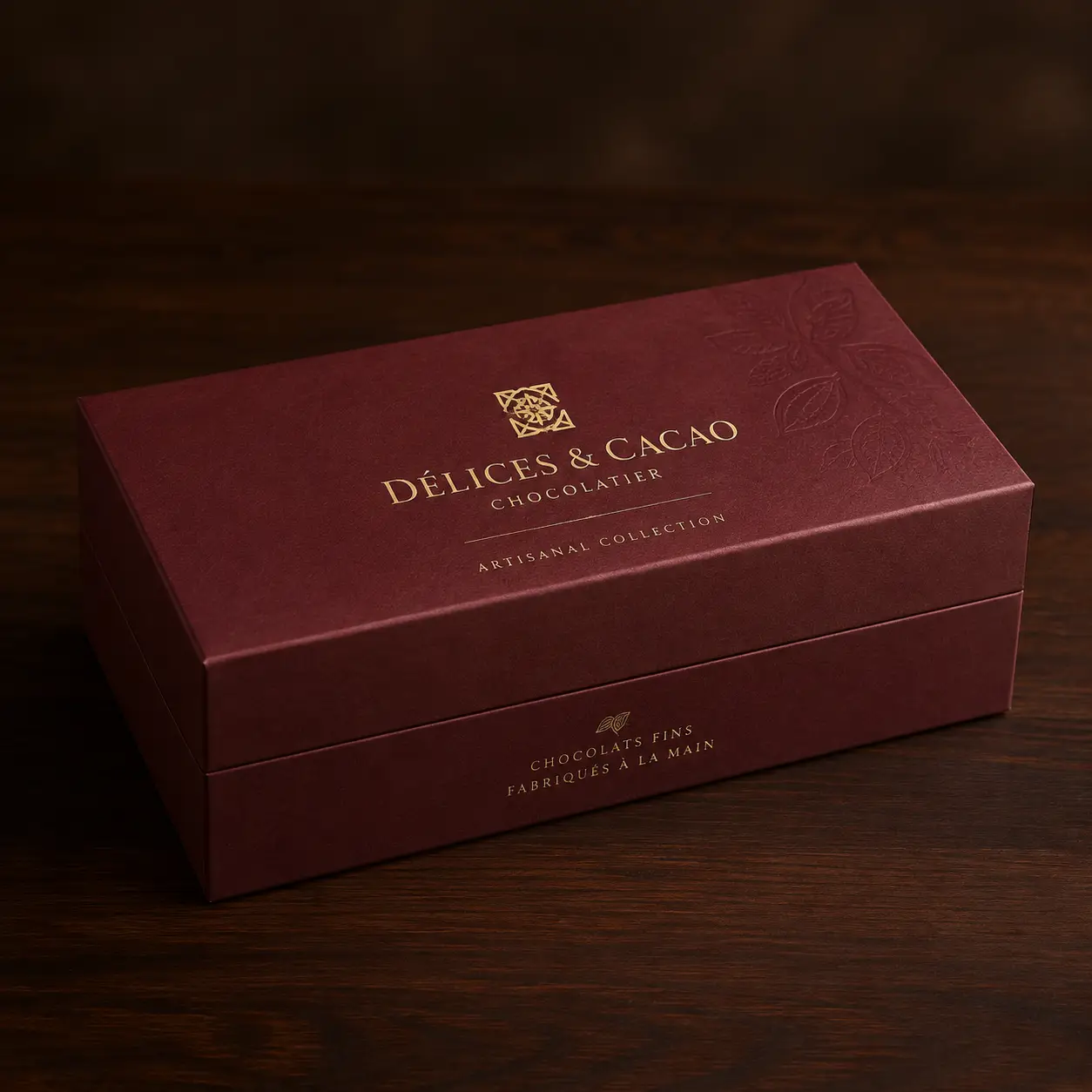 Luxury burgundy chocolate gift box with gold foil branding for Délices & Cacao artisanal chocolatier on dark wood surface