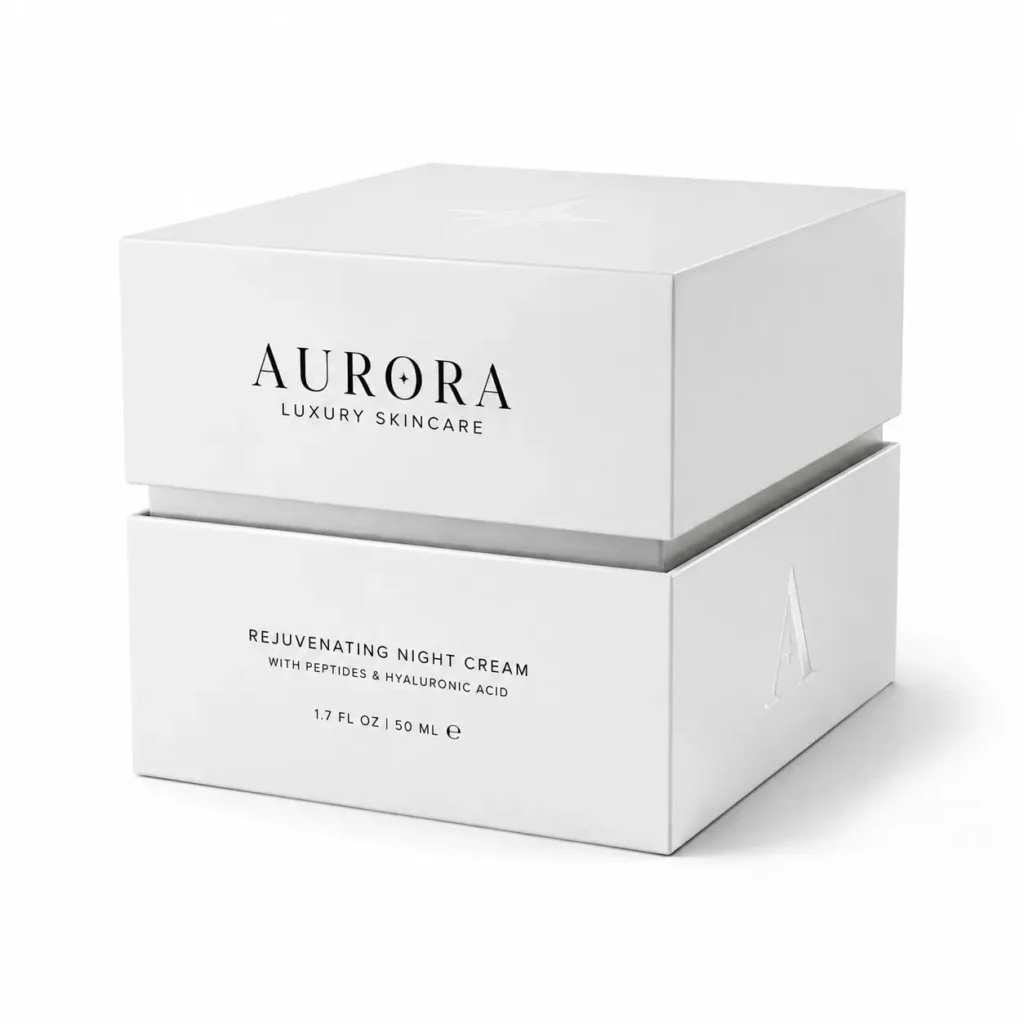 White luxury skincare box packaging for Aurora Rejuvenating Night Cream with peptides, minimalist design, lid open, 50ml